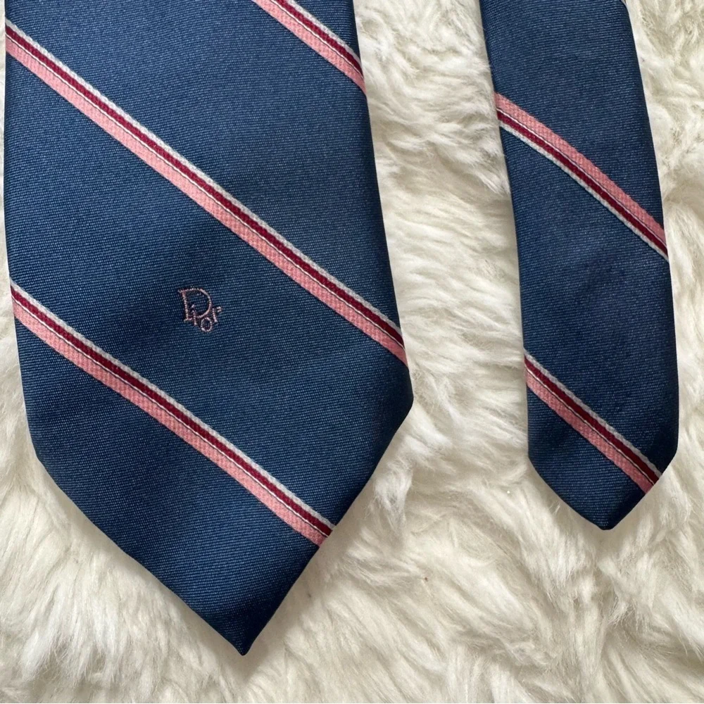 Christian Dior Navy and Light Pink Striped Tie